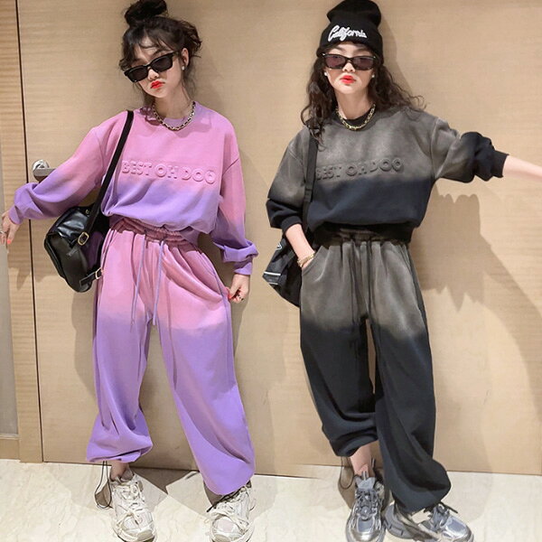 韓国子供服 セットアップ 男女兼用 秋服 新作 グラデーション スポーツウェア 普段着 通学着 運動着 ジュニア服 キッズ 上下セット 長袖 長ズボン 女の子 男の子 スウェット+パンツ 2点セット 大人気 K-pop 舞台 団体服 演出 ブラック パープル 110 120 130 140 150 160 170