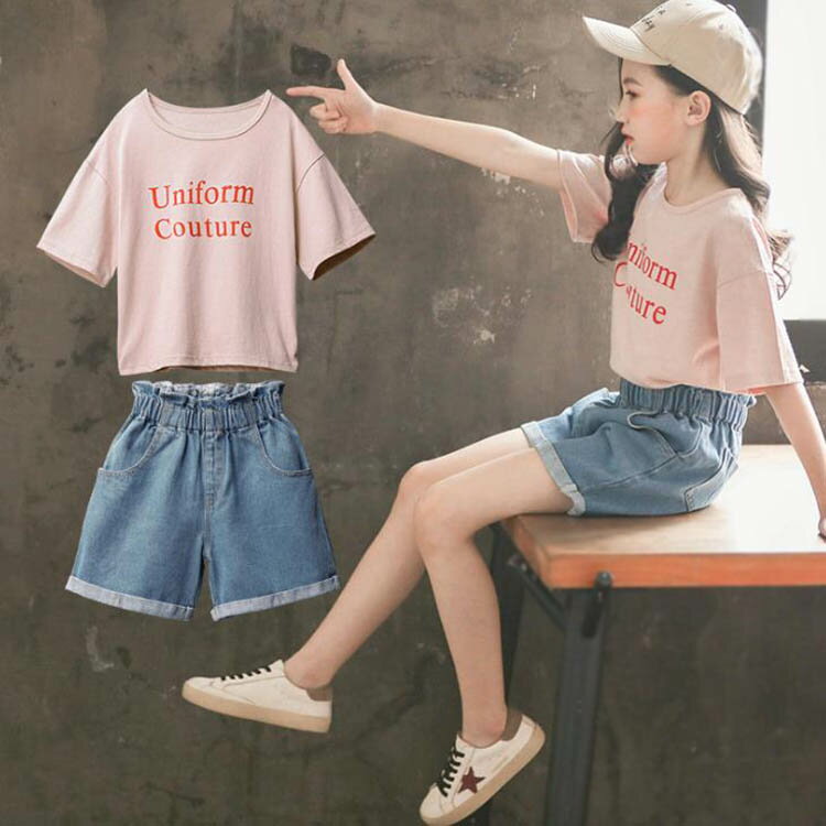 Rakuten - 子供服 セットアップ キッズ 女の子 韓国子供服 上下セット 2点セット トップス 半袖 Tシャツ ショートパンツ 短パン デニム 春夏 通学着 通園着