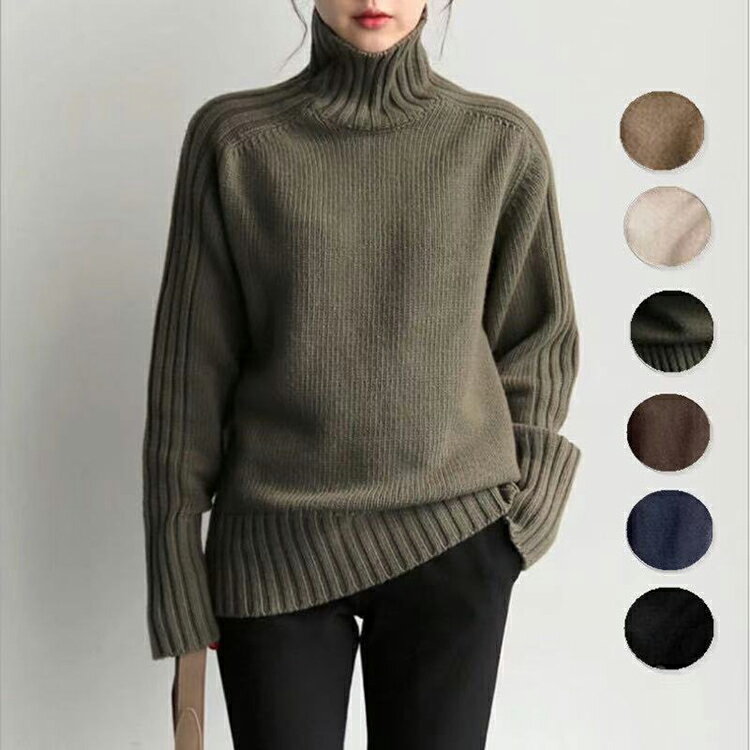 Long-Sleeved Knit - ハイネック ニット タートル サイドライン 長袖 トップス セーター 無地 シンプル カジュアル 可愛い おしゃれ ビッグシルエット オーバーサイズ ブラウン
