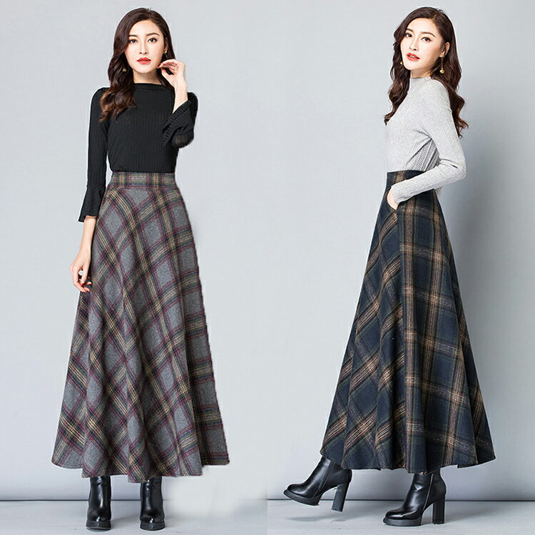 樂天商城 - ロングスカート ラシャ風スカート ロング丈 マキシ丈 レデース Aライン ボトムス 体型カバー お洒落 チェック柄 ウエストゴム フレアスカート ロングスカート ラシャ風