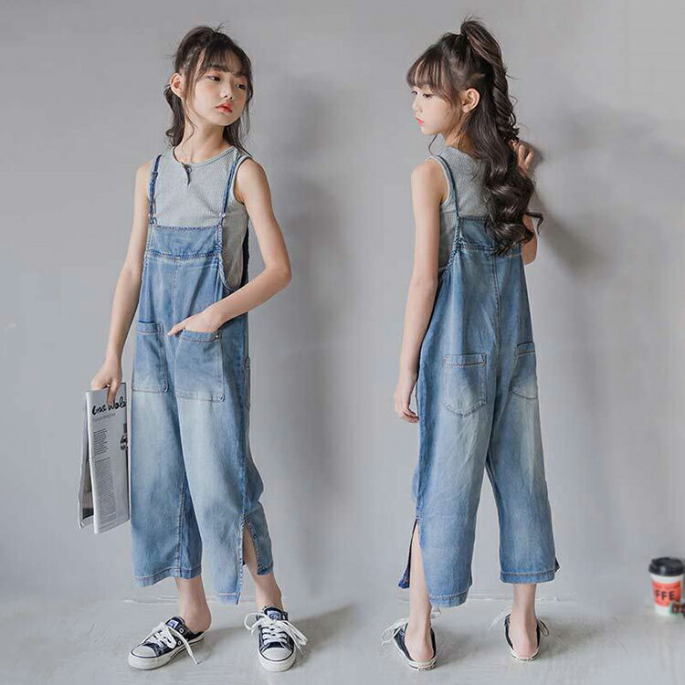 Rakuten - オーバーオール キッズ サロペット 子供服 セットアップ 2点セット サロペット パンツ デニム デニムオーバーオール ジュニア ボトムス ロングパンツ 長ズボン 女の子 男の子 韓国 子供服 オシャレ 無地 カジュアル