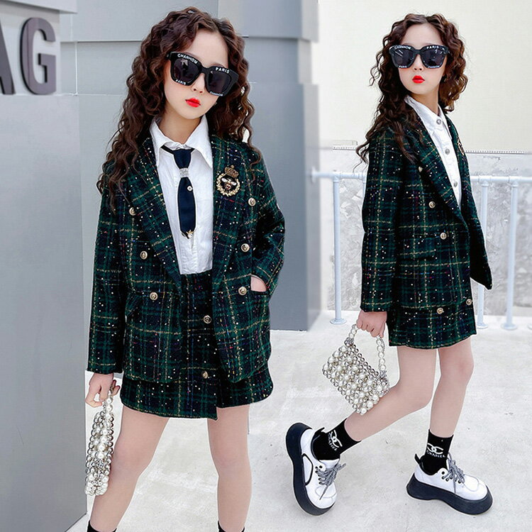 樂天商城 - 2点セット スーツ 子供服 女の子 ジュニア 中学生 小学生 ツイード ジャケット ショートパンツ セットアップ チェック柄 フォーマル スーツ 可愛い お洒落 キッズ 韓国服 入園式 卒園式 幼稚園 七五三 結婚式 ピアノ