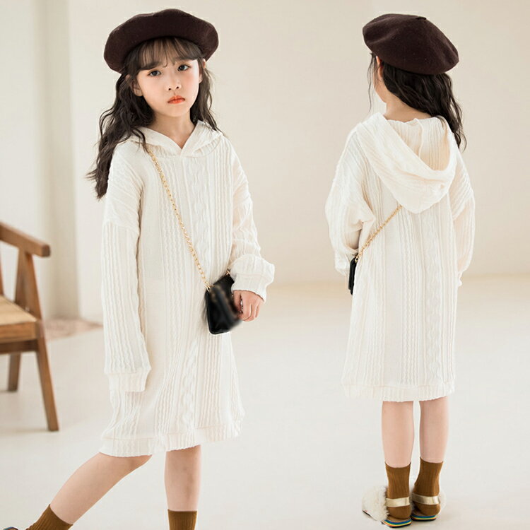 樂天商城 - 子供服 ワンピース キッズ 女の子 長袖 秋冬 ニットワンピース セーター フード付き 膝丈ワンピース 子供ドレス dress ジュニア おしゃれ 可愛い 暖かい 通学着