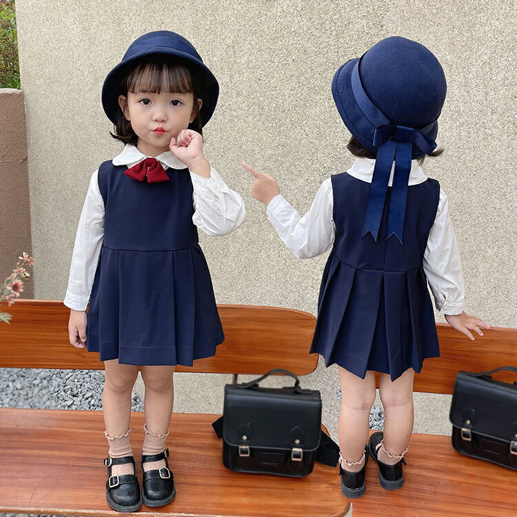 Rakuten - 子供服 セットアップ キッズ 女の子 おしゃれ 長袖 ブラウス +ワンピース+ 蝶ネクタイ 秋冬 上下セット 韓国子供服 ジュニア トップス ワンピース カジュアル 可愛い 小学生 新品