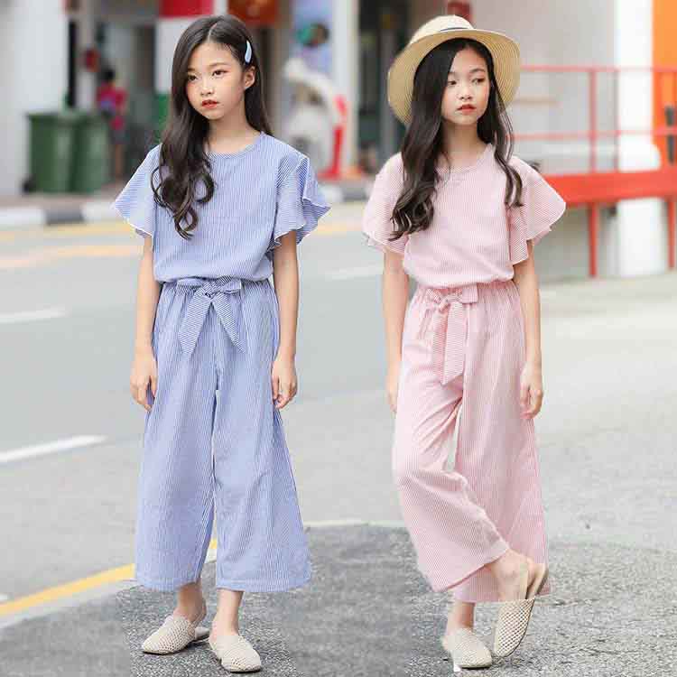 樂天商城 - 送料無料2点セット 半袖 Tシャツ ガウチョパンツ スカーチョ 女の子 シャツ 綿 セットアップ 子供 夏服 上下セット カジュアル 可愛い 部屋着 パジャマ ルームウエア 薄手 キッズ トップス ボトムス リボン付き 夏服 子供服 カットソー 120/130/140/150/160/170cm