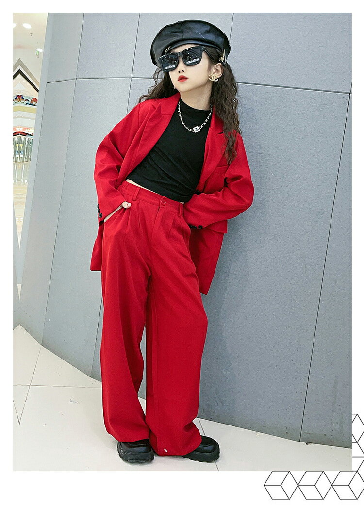 ダンス衣装 ダンススーツ 長袖 赤 パンツスーツ セットアップ 韓国 子供服 2点セット ジャケット パンツ 女の子 スーツ ブレザー お祝い 長ズボン 上下セット 韓国 洋服 誕生日 結婚式 演奏会 音楽会 ダンス衣装 舞台 応援団 170cm 3