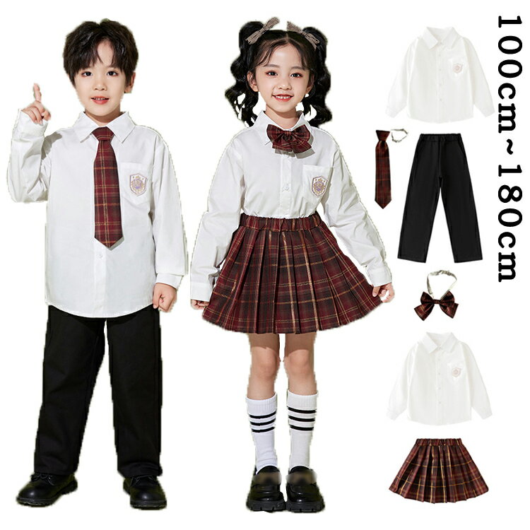 Top & Bottom Sets - チェック柄 キッズ ダンス衣装 セットアップ 女の子 男の子 小学生 子供 チア チアガール スーツ スカート ネクタイ リボン パンツ 長袖シャツ パフォーマンス ジャズダンス ヒップホップ ポッピング 合唱団 演出服 練習着 団体服 応援団 幼稚園 保育園 hiphop 韓国k-pop