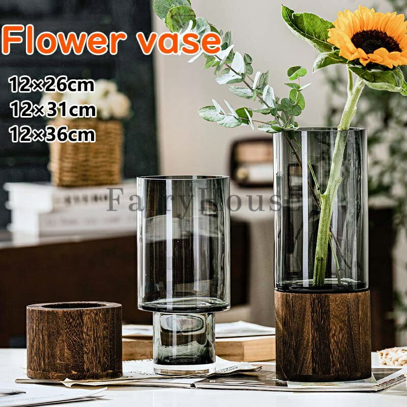花瓶 ガラス 木製 フラワーベース 北欧 おしゃれ 花器 透明 花びん シンプル 可愛い かわいい 円柱 円形 生花 一輪挿し インテリア リビング 玄関 高さ26cm 31cm 36cm 寝室 玄関 書斎 窓辺 食卓 オフィス 新築祝い 引っ越し祝い 結婚お祝い 敬老の日 ギフト プレゼント