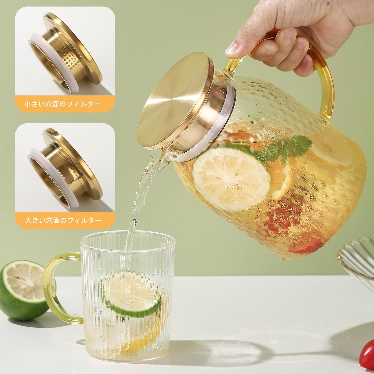 冷水ポット ガラスピッチャー 耐熱ガラス 冷水筒 水筒 広口開口 冷蔵庫入れ可能 洗いやすい 耐熱耐冷 麦茶ポット ガラスポット 2WAY注ぎ口 ギフト対応【ミルクポット・麦茶ポット・ティーポット・アイスティー・お茶ポット】