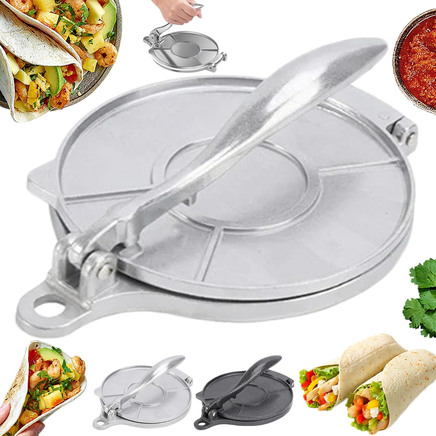 【6%OFFクーポン配布中！】トルティーヤプレス タコス プレス機 トルティーヤ キッチン用品 小麦粉トルティーヤプレス 表面が滑らかで 洗浄が簡単 トルティーヤパイ耐熱皿 延長ハンドル 直径16cm/20cm アルミ鋳造 トルティーヤプレス 多様な美食を作ることができる