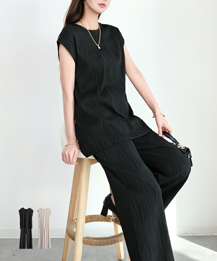 樂天商城 - セットアップ レディース パンツドレス 2pcsセット 大人パンツドレス パンツスタイル フレンチスリーブ ワイドパンツ ガウチョパンツ ウエストゴム ママ 体型カバー　涼しい 伸縮あり リラックス 波模様 春夏 女の子 dsrb1259