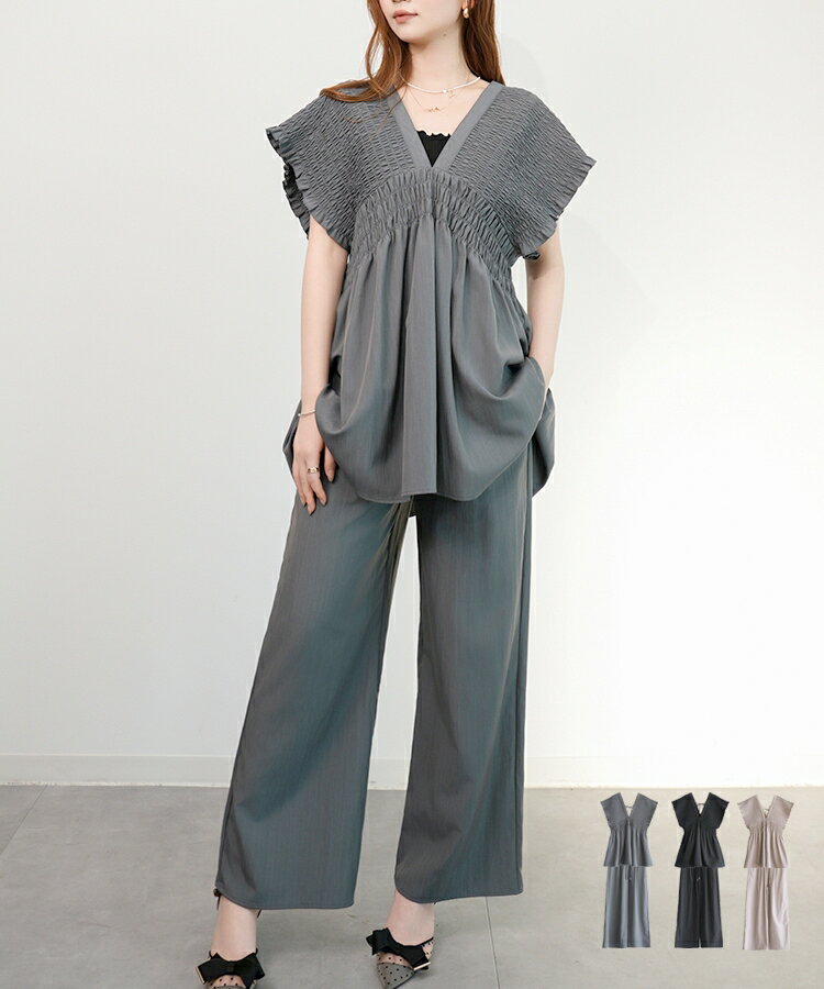 セットアップ レディース パンツ トップス 2pcsセット ワイドパンツ ガウチョパンツ チュニック ワッシャー 楊柳 シャーリング フレンチスリーブ イージーパンツ ウエストゴム 体型カバー 涼しい リラックス 春夏 dsrb4517