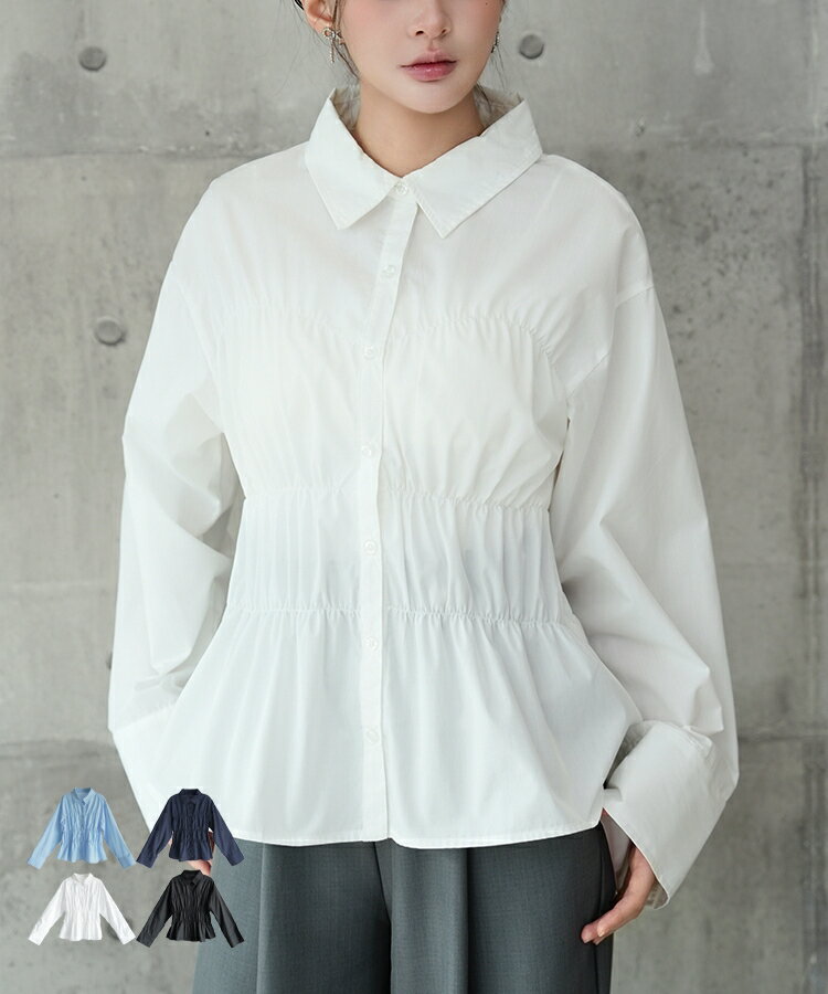 乐天商城 - シャツ レディース トップス オーバーサイズシャツ 長袖 TCブロード ウエストシャーリング 襟付き ギャザー ペプラムシルエット 裾フレア ドロップショルダー 体型カバー ママ 涼しい ビスチェ風 可愛い dsrb4544