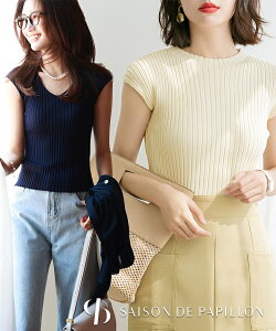 【一部予約】サマーニット レディース 春 夏 ニット トップス 薄手 プルオーバー リブニット フレンチスリーブ リブ ラウンドネック カジュアル フェミニン ベーシック 無地 着回し xyf9299 SAISON DE PAPILLON