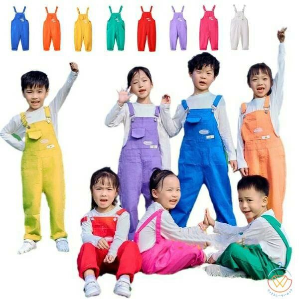 キッズダンス衣装 サロペット パンツ ブルー オレンジ イエロー グリーン レッド パープル バラ ホワイ..