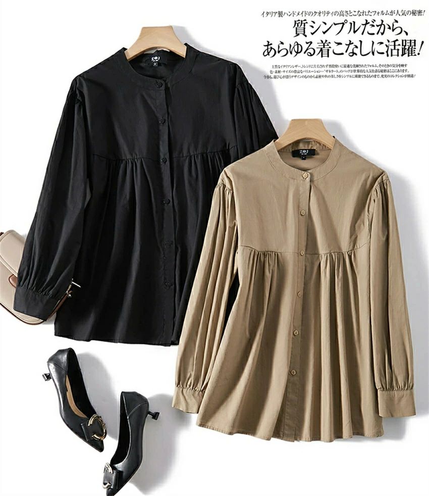 ブラウスシャツ 長袖シャツ トップス 長袖 シャツ レディース カジュアル コットン 100% ラウンドカラ― シャツ パフスリーブ 丸襟 おしゃれシャツ ベージュ ブラック