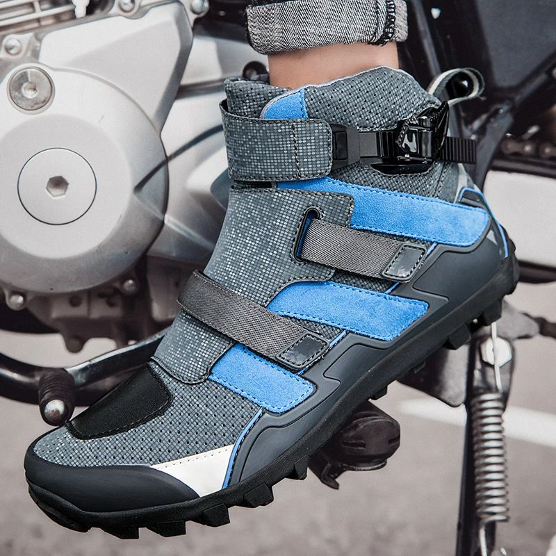 乐天商城 - バイク靴 メンズ ライディングブーツ 厚底 サイクリングシューズ ハイカット ライディングスニーカー 強化防衛性 ブルー サイズ：28.5cm