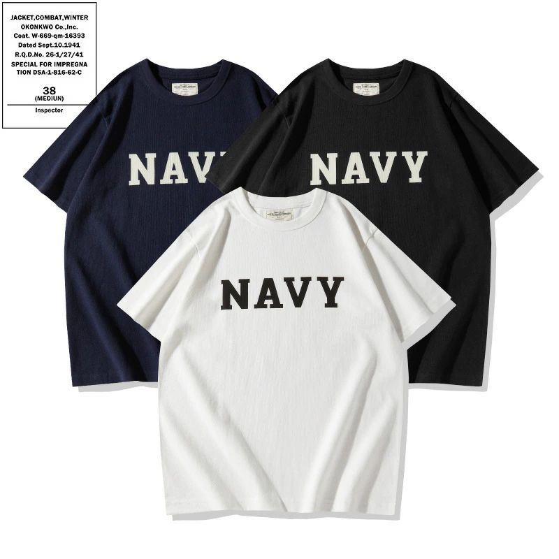 乐天商城 - 春夏 OKONKWO新作 コットンメンズTシャツ　アメカジ　NAVY　丸襟 TEE　半袖 Tシャツ
