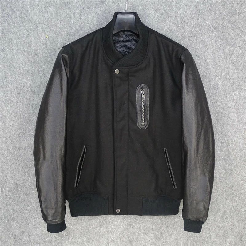 乐天商城 - レザージャケット 上品　ウール切り替え　本革 　牛革　暖かい中綿　ライダースジャケット 革ジャン S～6XL　黒