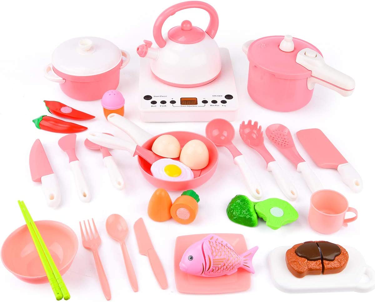 29点 おままごと キッチンセット 音声付 クッキングヒーター 調理器具 電磁調理器 (ピンク)