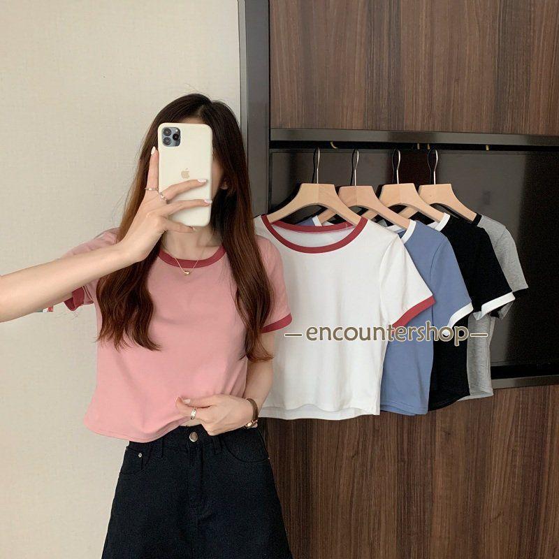 Tシャツ レデイーズ 半袖 クルーネック 配色 カットソー トップス ショート丈 インナーシャツ 夏 着回し きれいめ お洒落 かわいい
