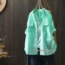 シャツ レディーストップス 半袖 夏服 羽織り 前開き ボタン 綿シャツ 薄手 カジュアルシャツ 白シャツ 4色 S M L XL 夏シャツ 通学通勤 20代30代40代50代
