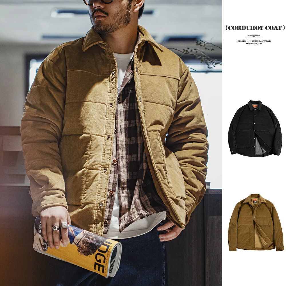 樂天商城 - ヴィンテージ仕様 CORDUROY COAT 秋冬　防寒　暖かい　上品 メンズ中綿ジャケット レトロ 　S～XXL カーキ