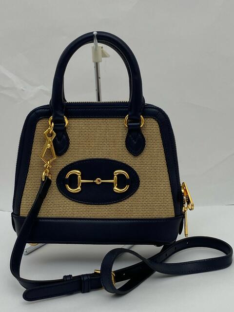 グッチ ホースビット 1955 ミニ トップハンドル ハンドバッグ 640716 レザー キャンバス ベージュ ネイビー GUCCI　【中古】　中古Aランク