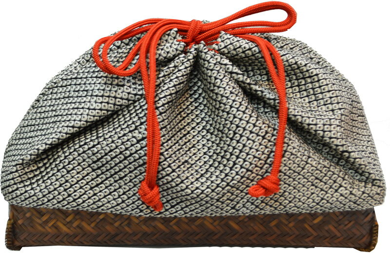 竹籠・巾着正絹【絞り】【黒色】（尺かご・舞扇も入ります♪）