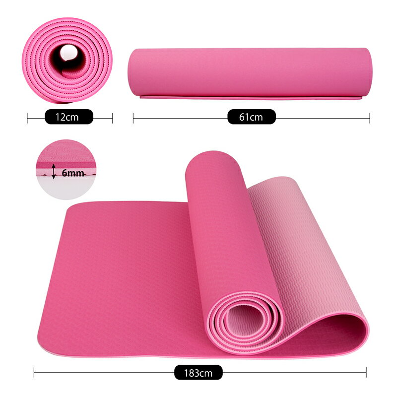 ヨガマット 厚さ6mm 収納袋付き トレーニングマット 滑り止め加工 両面カラー 高品質 高耐久 TPE ヨガマット 抗菌 滑らない 61cm×183cm 折りたたみ マット トレーニング 3