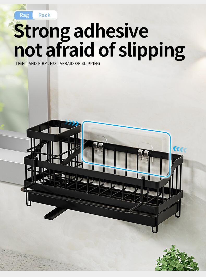 スポンジホルダー ディスペンサー シンク ステンレス 水切り 水が流れる 板付き トレー付・スポンジラック スリム 洗剤ボトル 収納 省スペース キッチン/シンク周り/洗面台 収納整理 ブラック