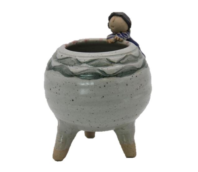 乐天商城 - 人形付三つ足ポット 【萬古焼 万古焼】[陶器 花器 花生 手作り かわいい 山本安志作 ]