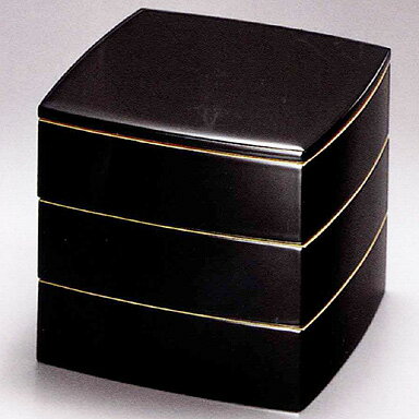 6寸 黒内朱縁金　胴張三段重 （木箱入）　天然木・漆塗り