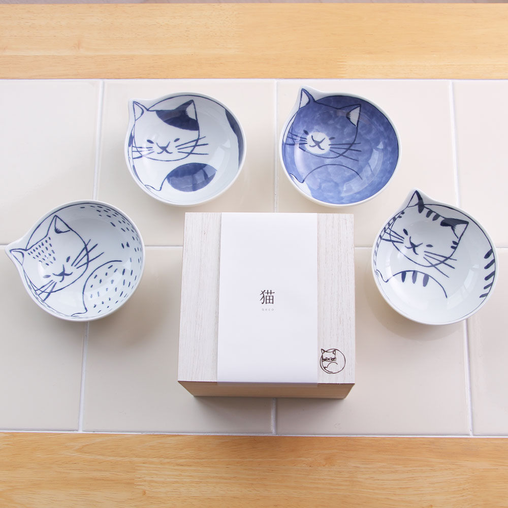 波佐見焼 neco鉢 ねこばち 4枚セット 木箱入り ラッピング無料 猫 ネコ 小鉢 小皿 豆皿のサムネイル