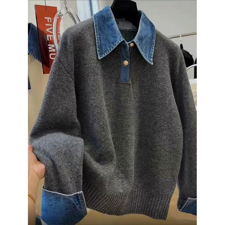 ゆったり デニム切替 ポロニット プルオーバー デニム袖 フェイクレイヤード ポロ襟 ドッキング 長袖 レディース セーター デニム切替 襟付き トップス 秋冬 春 きれいめ カジュアル sak24-10018072 業務SHOP SaK24 サンプル画像2