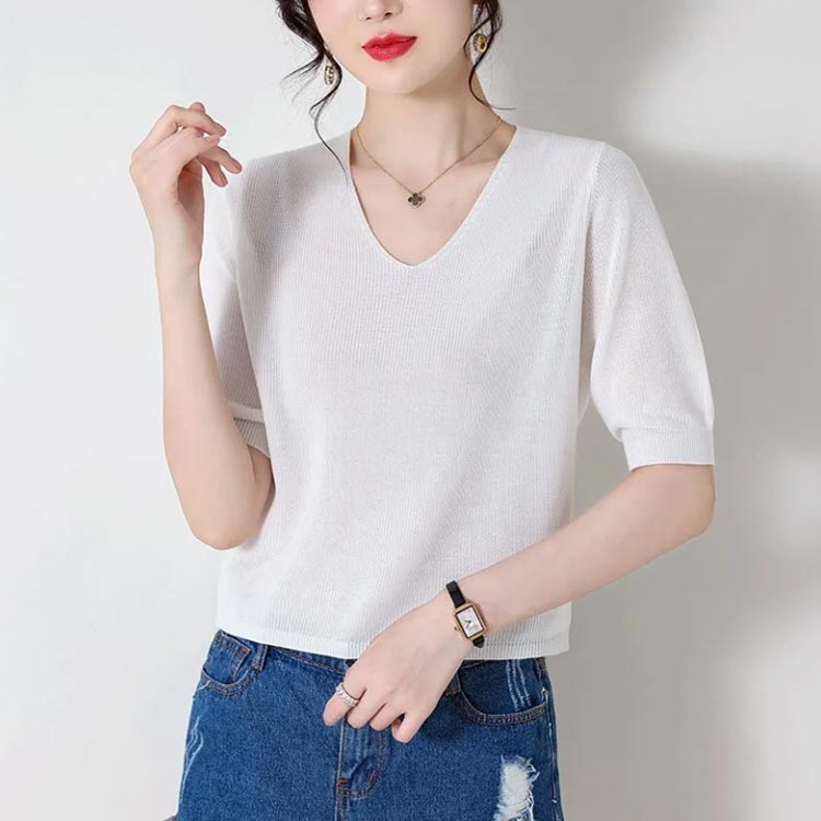 サマー ニット レディース ニット 春夏 トップス 半袖 薄手 プルオーバー リブニット カットソー ニットソー ゆったり Vネック ブラウス 洗えるニット 柔らか 体型カバー 着痩せ エレガント 肌触りよい 可愛い セーター カジュアル トップス 春夏 夏 送料無料