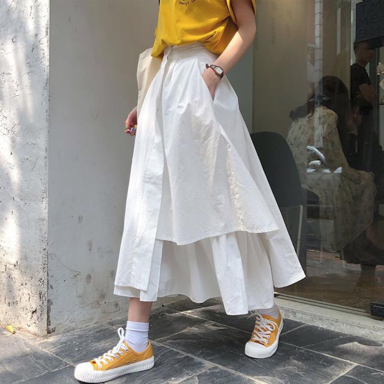 アシメスカート レディース モード系 ロングスカート アシンメトリースカート 春夏 Aライン ミモレ フレアスカート ゆったり ハイウエスト ウエストゴム 無地 カジュアル 体型カバー 黒 白 韓国 ファッション 送料無料 sak24-10014200 業務SHOP SaK24 サンプル画像2