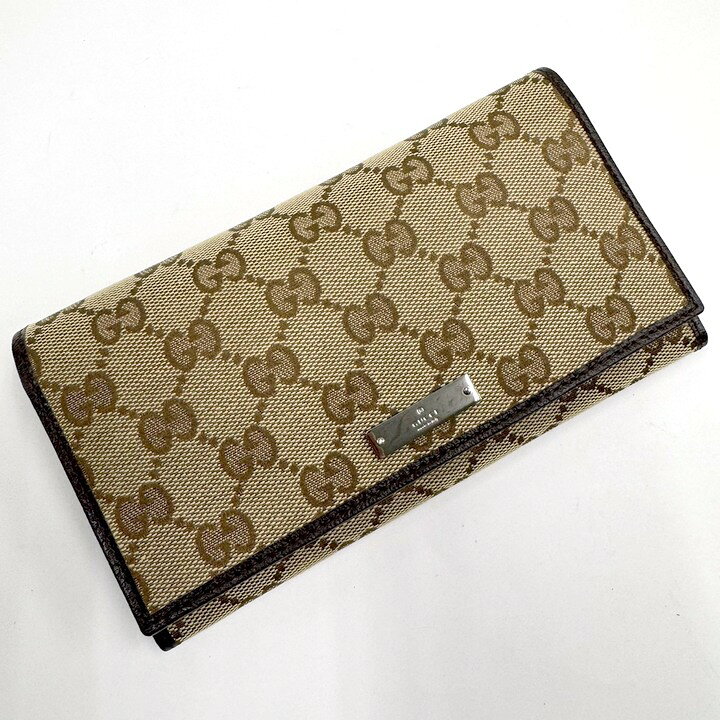 GUCCI 二つ折り長財布 長財布 GGキャンバス×レザー ベージュ×ブラウン 244946【中古】