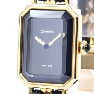 【中古】CHANEL プルミエール Lサイズ レディース腕時計 クォーツ GP レザー ブラック文字盤 ゴールド H0001-L