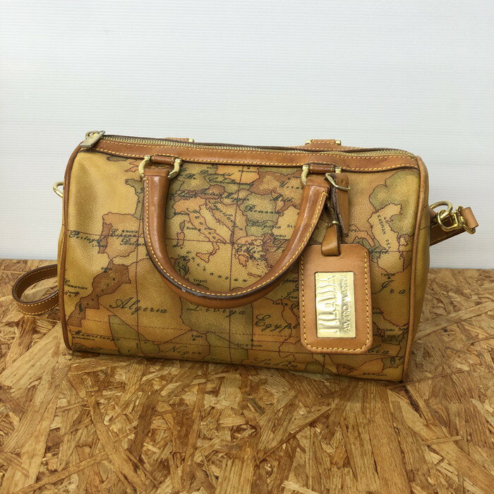 【中古】PRIMA CLASSE ミニボストンバッグ 地図柄 キャメル jgg