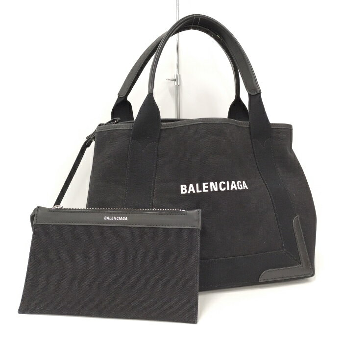 【中古】BALENCIAGA ネイビー カバス トートバッグ キャンバス レザー ブラック 339933