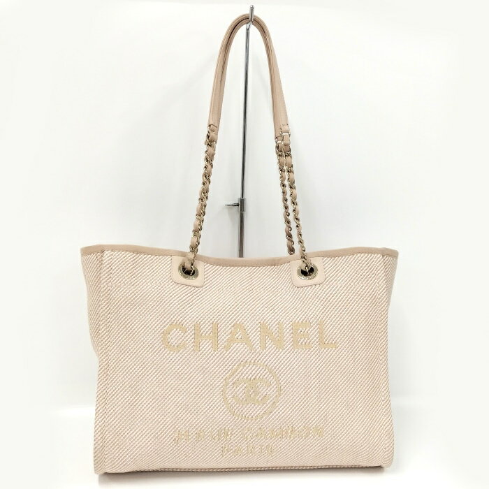 【中古】CHANEL ドーヴィルMM トートバッグ ココマーク キャンバス ピンクベージュ A67001