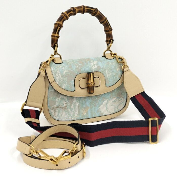 GUCCI 2WAY ショルダーバッグ 西陣織 レザー キャンバス ベージュ ブルー 672206【中古】のサムネイル