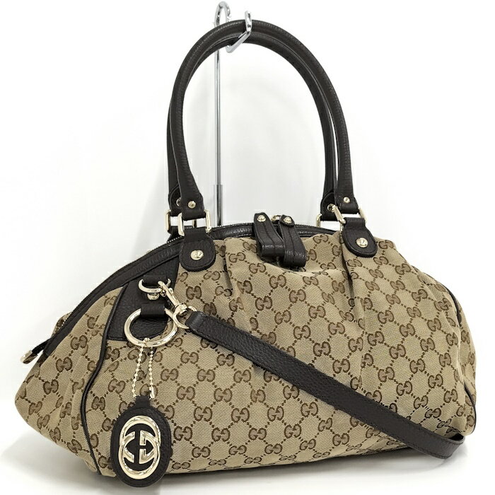 GUCCI 2WAY ショルダーバッグ GGキャンバス レザー ベージュ ブラウン【中古】
