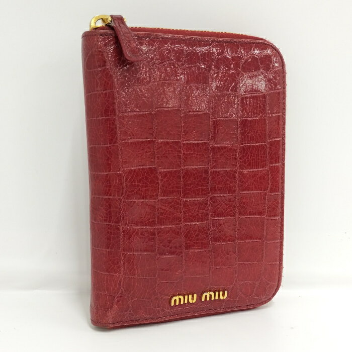 【中古】MIUMIU アジェンダ 手帳カバー クロコ型押し レザー レッド