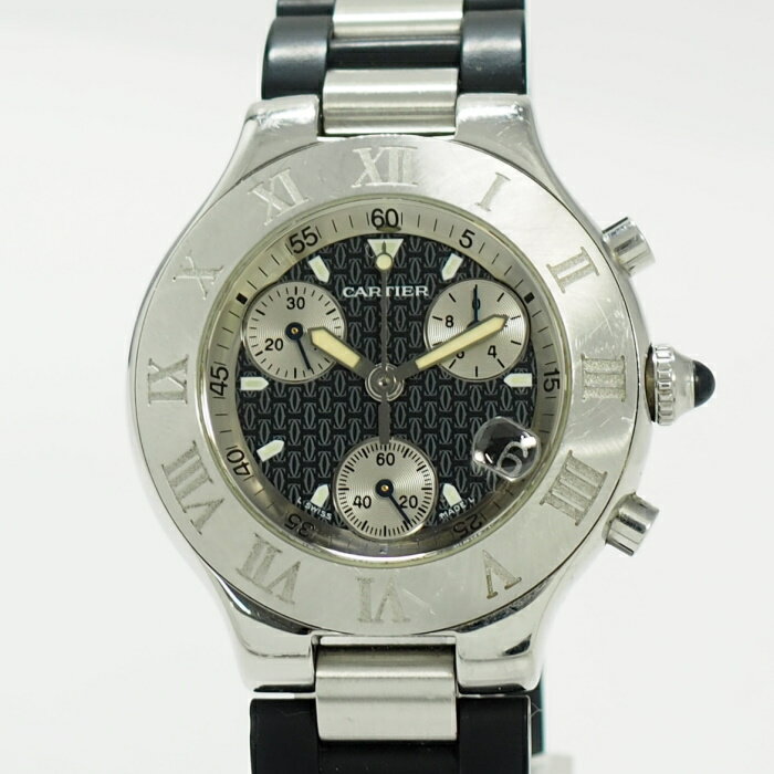【中古】Cartier マスト21 クロノカフス メンズ 腕時計 クオーツ SS ブラック文字盤 W10125U2