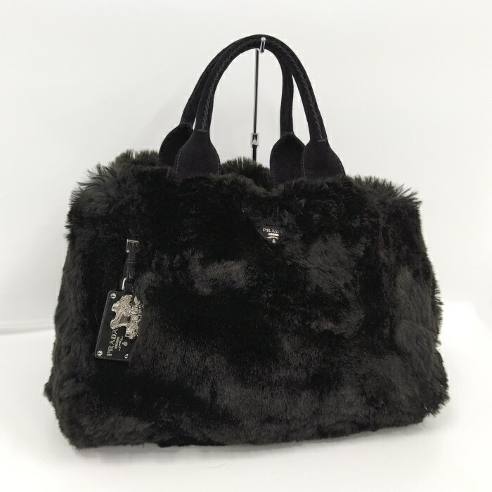 【中古】PRADA ハンドバッグ カナパ ロゴ フェイクファー ブラック BN1918