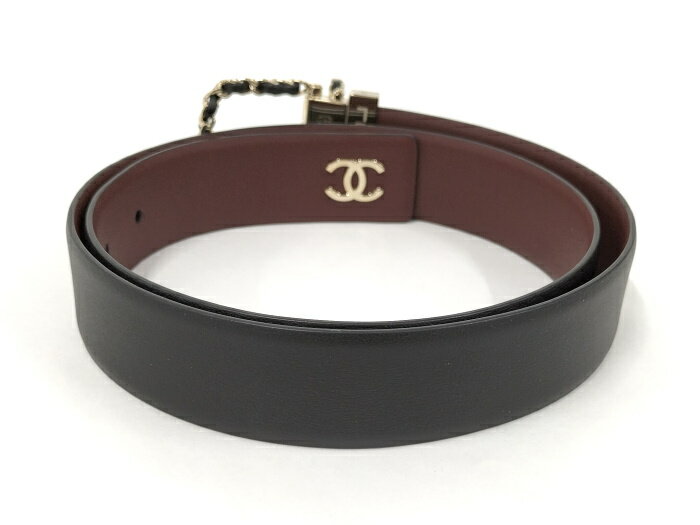 CHANEL ベルト チェーンバックル リバーシブル ロゴ レザー ブラック ボルドー AA8937【中古】
