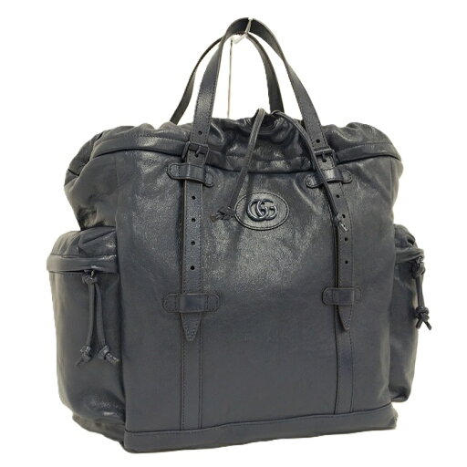 GUCCI ダブルG ドローストリング トートバッグ レザー ネイビー 725664【中古】 GUCCI ダブルG ドローストリング トートバッグ レザー ネイビー 725664【中古】
