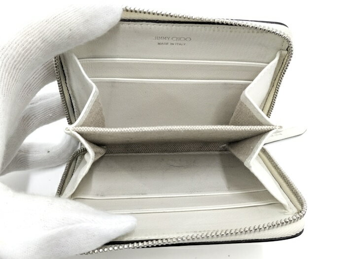 JIMMY CHOO ラウンドファスナー コインケース スタースタッズ レザー ホワイト【中古】
